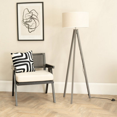 B&Q -  Barbro Grey Tripod Floor Lamp With White Trim Drum Shade