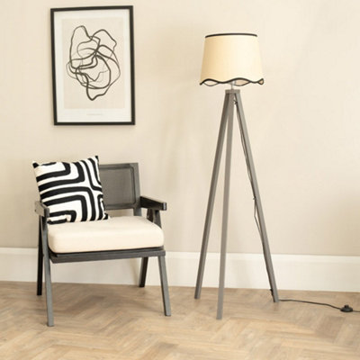 Valuelights Barbro Wood Tripod Floor Lamp With Natural Linen Scallop Edge Shade Grey/Black