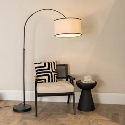 B&Q -  Louis Black Metal Arched Floor Lamp With Linen Black Trim Drum Shade And Led Bulb