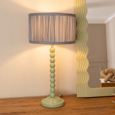 Valuelights Bobbins Sage Table Lamp With Ruched Pleated Drum Lamp Shade And Led Bulb Green/Blue
