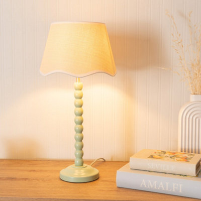 Valuelights Bobbins Sage Table Lamp With Linen Scallop Trim Shade And Led Bulb Green/White