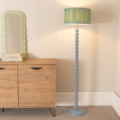 B&Q -  Bobbins Powder Blue Floor Lamp With Ruched Pleated Green Drum Shade And Led Bulb