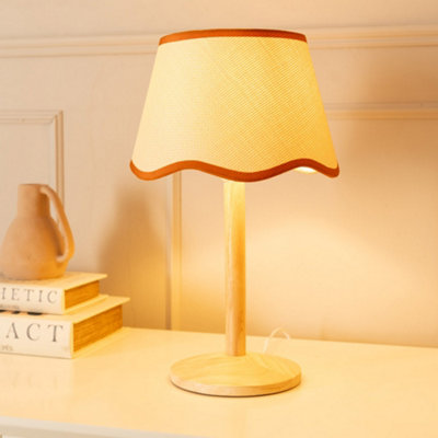 Valuelights Triston Natural Wood Stem Table Lamp With Scallop Rust Trim Tapered Lamp Shade And Led Bulb Light