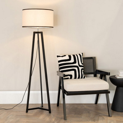 B&Q -  Lottie Black Wood Tripod Floor Lamp With Linen Black Trim Drum Shade & Led Bulb