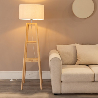Valuelights Wakefield Two Shelf Wooden Floor Lamp With Linen Trim Drum Shade And Bulb White