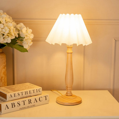 Valuelights Victoria Light Wood Candlestick Stem Table Lamp With White Scallop Tapered Shade And Led Bulb Light/White - B&Q