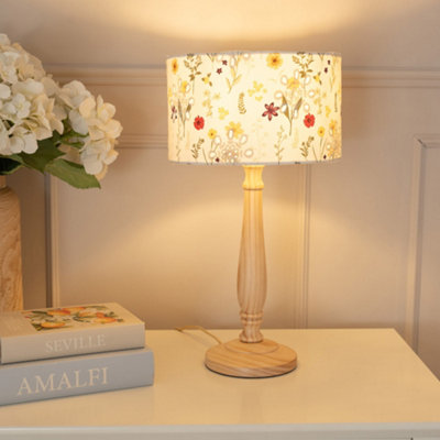 Valuelights Victoria Wood Candlestick Table Lamp With Floral Embroidered Drum Shade And Led Bulb Light