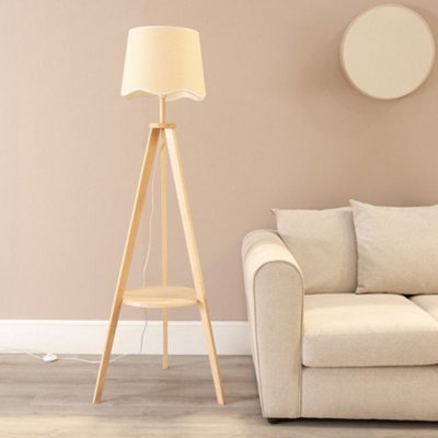 Valuelights Morrigan Natural Wood Shelf Tripod Floor Lamp With White Trim Scallop Shade And Bulb from B&Q
