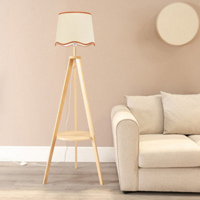 B&Q -  Morrigan Natural Wood Shelf Tripod Floor Lamp With Rust Trim Scallop Shade And Bulb