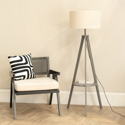 B&Q -  Morrigan Grey Wood Shelf Tripod Floor Lamp With White Trim Shade And Bulb