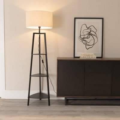 B&Q -  Hiru Black 3 Tier Shelf Floor Lamp With White Trim Linen Shade And Bulb