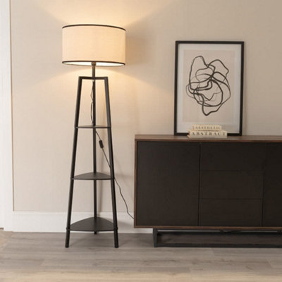 Valuelights Hiru 3 Tier Shelved Wooden Floor Lamp With Linen Trim Drum Shade & Bulb Black
