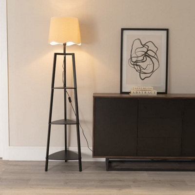 B&Q -  Hiru Black 3 Tier Shelf Floor Lamp With White Trim Scallop Shade And Bulb