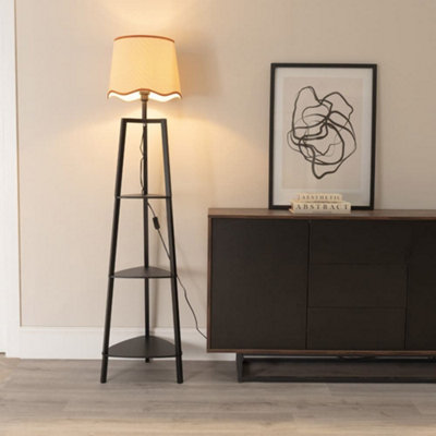 Valuelights Hiru 3 Tier Shelved Wooden Floor Lamp With Linen Rust Trim Scallop Tapered Shade Black