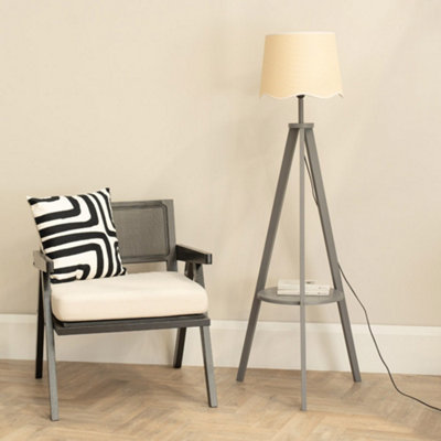 Valuelights Grey/White Morrigan Wood Shelf Tripod Floor Lamp With Trim Scallop Shade And Bulb 1.8M