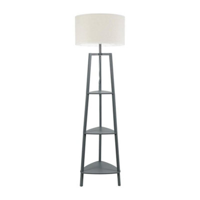 B&Q -  Hiru Grey 3 Tier Shelf Floor Lamp With White Trim Linen Shade And Bulb
