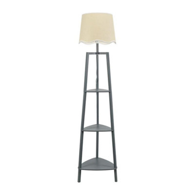 B&Q -  Hiru Grey 3 Tier Shelf Floor Lamp With White Trim Scallop Shade And Bulb