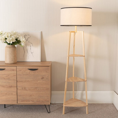 B&Q -  Hiru Natural 3 Tier Shelf Floor Lamp With Black Trim Linen Shade And Bulb