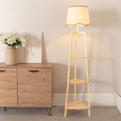 B&Q -  Hiru Natural 3 Tier Shelf Floor Lamp With Rust Trim Scallop Shade And Bulb