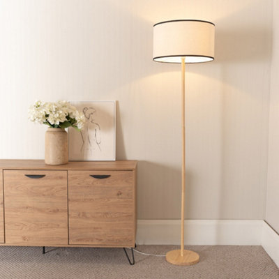 Values Heather Wood Stem Floor Lamp With Natural Trim Drum Shade And Led Bulb Light/Black