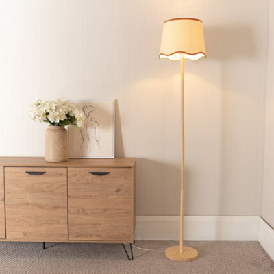 Valuelights Heather Light Wood Stem Floor Lamp With Scallop Rust Trim Tapered Shade And Led Bulb from B&Q