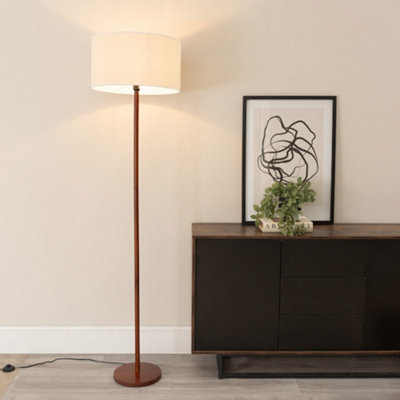 Valuelights Dark/White Heather Wood Stem Floor Lamp With Natural Trim Drum Shade And Led Bulb 1.8M