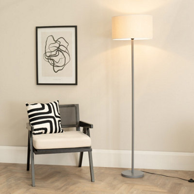 Valuelights Heather Grey Wood Stem Floor Lamp With Natural White Trim Drum Shade And Led Bulb Grey/White - B&Q
