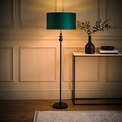 B&Q -  Marissa Black Stacked Ball Floor Lamp With Forest Green Velvet With Gold Inner Lamp Shade And Bulb