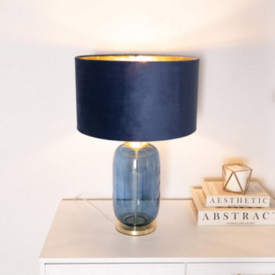 B&Q -  Leigh Navy Blue And Gold Glass Table Lamp With Navy Velvet And Gold Inner Shade