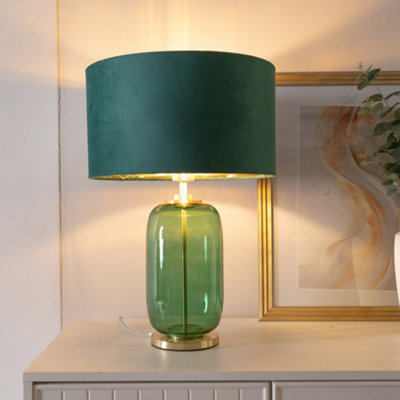 Valuelights Green/Gold Leigh Forest And Glass Table Lamp With Velvet And Inner Shade Size 20
