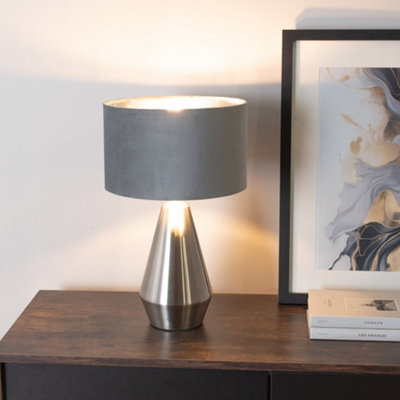 B&Q -  Jax Chrome Dimmable Touch Table Lamp With Grey Velvet & Chrome Inner Lamp Shade