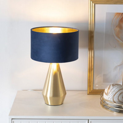 ValueLights Jax Navy Blue Velvet Gold Inner Shade Dimmable LED Touch Table Lamp - Brass Base - Image 7