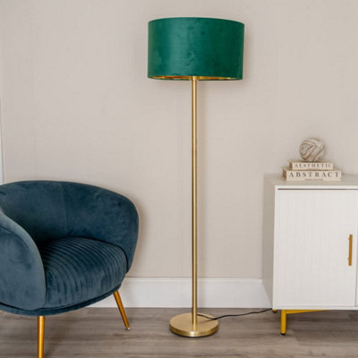 B&Q -  Charles Gold Floor Lamp With Green Velvet & Metallic Shade And Bulb