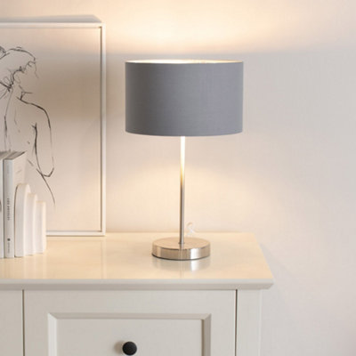 Valuelights Charles Chrome Stem Table Lamp With With Chrome Inner Lamp Shade And Led Bulb Grey