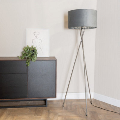 Valuelights Camden Chrome Tripod Floor Lamp With Grey Velvet Shade And Bulb from B&Q