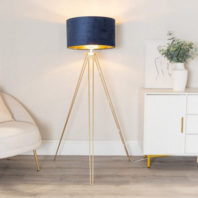 B&Q -  Aero Hairpin Gold Tripod Floor Lamp With Navy Velvet And Gold Drum Lamp Shade
