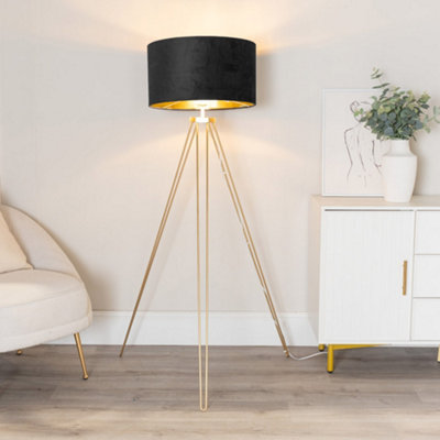 Valuelights Aero Hairpin Tripod Floor Lamp With Velvet And Drum Lamp Shade Gold/Black