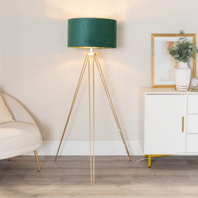 B&Q -  Aero Hairpin Gold Tripod Floor Lamp With Forest Green Velvet And Gold Drum Lamp Shade And Led Bulb
