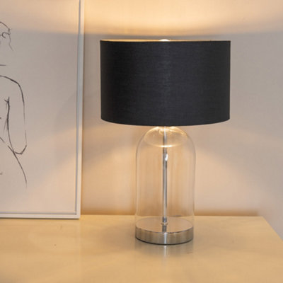 B&Q -  Jessy Glass With Silver Trim Table Lamp With Black With Chrome Inner Lamp Shade