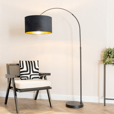 B&Q -  Louis Black Arched Floor Lamp With Black Velvet Drum Metallic Gold Inner Shade