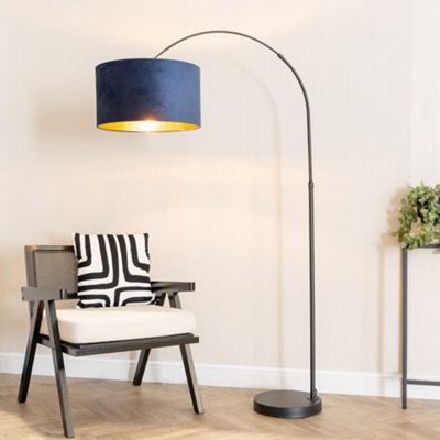 B&Q -  Louis Black Arched Floor Lamp With Navy Blue Velvet Drum Metallic Gold Inner Shade And Led Bulb