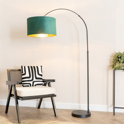 B&Q -  Louis Black Arched Floor Lamp With Forest Green Velvet Drum Metallic Gold Inner Shade And Led Bulb