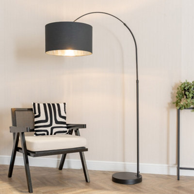 B&Q -  Louis Black Arched Floor Lamp With Black Drum Metallic Chrome Inner Shade And Led Bulb