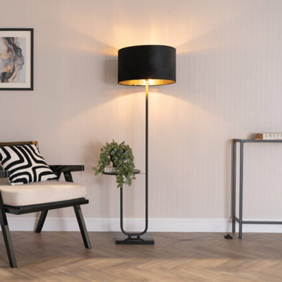 B&Q -  Tavel Black Floor Lamp With Table And Black Velvet With Gold Inner Lamp Shade