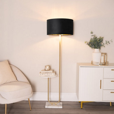 B&Q -  Tavel Gold Floor Lamp With Table And Black Velvet With Gold Inner Lamp Shade