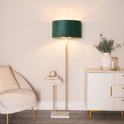 Valuelights Tavel Gold Floor Lamp With Table And Forest Green Velvet With Gold Inner Lamp Shade And Led Bulb from B&Q