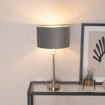 Valuelights Grey Maggie Chrome Candlestick Table Lamp With Velvet And Chrome Inner Lamp Shade 1.5M