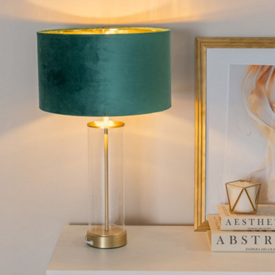 B&Q -  Balan Glass With Gold Table Lamp And Forest Green Velvet With Metallic Gold Inner Lamp Shade