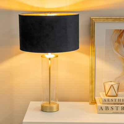 B&Q -  Balan Glass With Gold Table Lamp And Black Velvet With Metallic Gold Inner Lamp Shade
