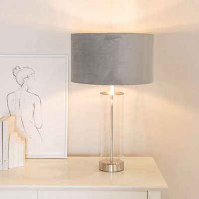 Valuelights Balan Glass With Chrome Table Lamp And Velvet With Chrome Inner Lamp Shade Grey